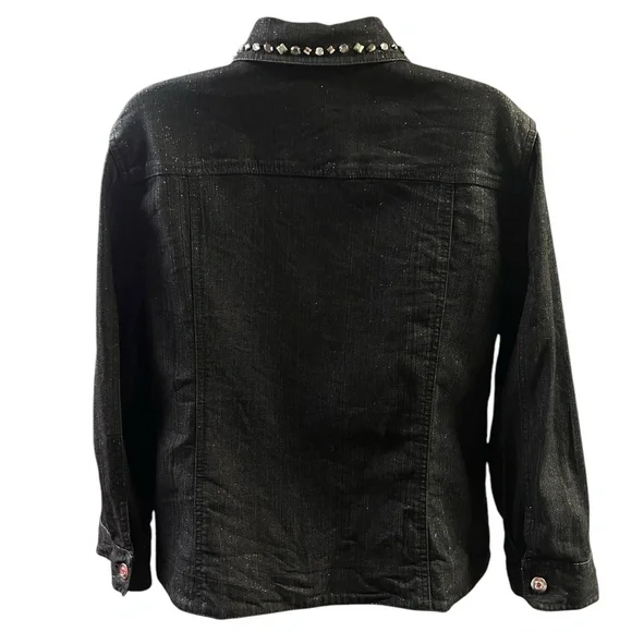 Ruby Rd Denim Jacket Black Embellished 3/4 Sleeve Glam Sparkle Rhinestone 14 - Picture 5 of 10
